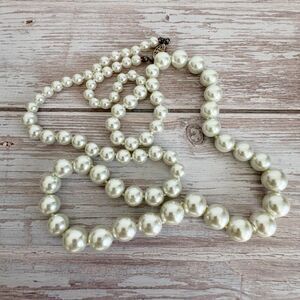 Vintage Graduated Glass Faux Pearls Fish Hook Closure Necklace 28” Sterling
